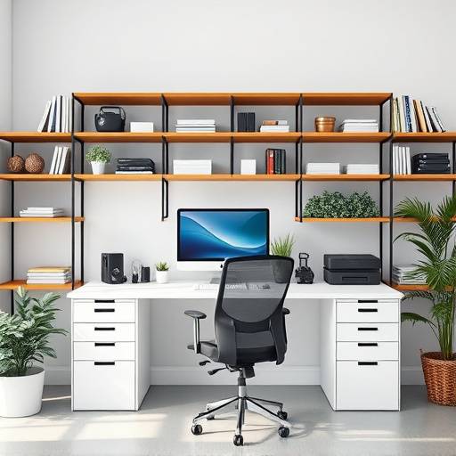 Escritório com mesa de trabalho ergonômica, estantes e cadeira confortável.