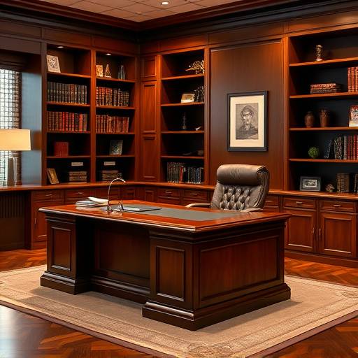Escritório executivo com mesa de madeira maciäa, poltrona de couro e estante com livros.