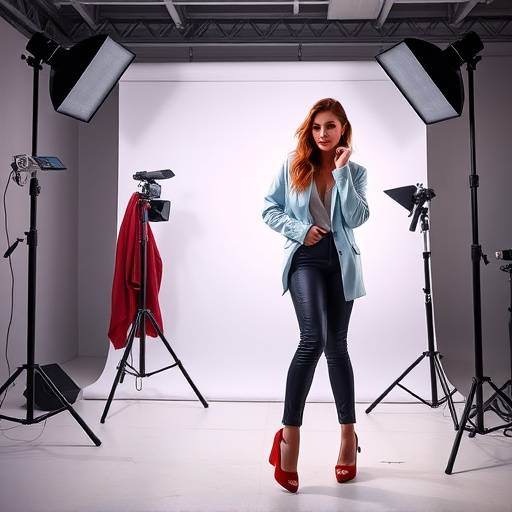 Modelo posando em um estüdio de moda com iluminaäão profissional e roupas estilosas.