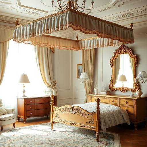 Quarto clássico com cama de dossel, cômoda e espelho com moldura dourada.