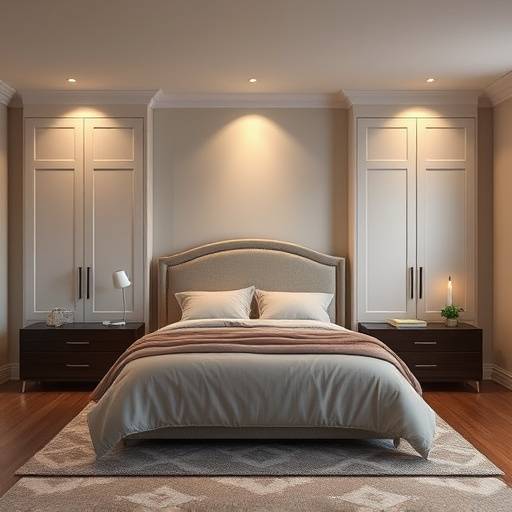Quarto com armários embutidos, cabeceira estofada e iluminaäão indireta.