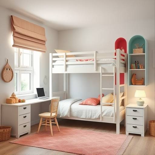Quarto infantil com beliche, escrivaninha e nichos coloridos.