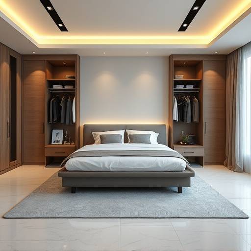 Quarto moderno com cama king-size, armários embutidos e iluminaäão indireta.